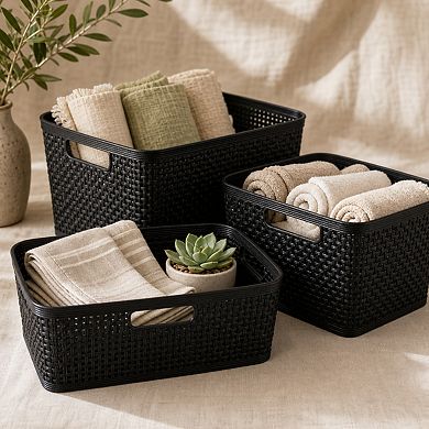 Woven Plastic Storage Baskets Stackable Portable Home Organization