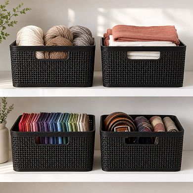 Woven Plastic Storage Baskets Stackable Portable Home Organization Versatile Sturdy