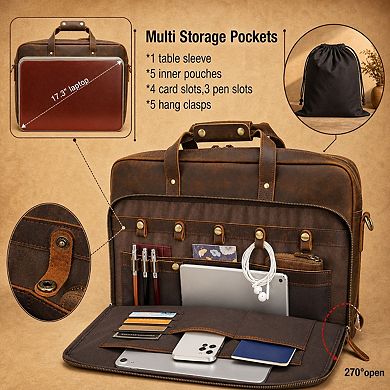 Full Grain Cowhide Leather Laptop Briefcase Crossbody Messenger Business Bag