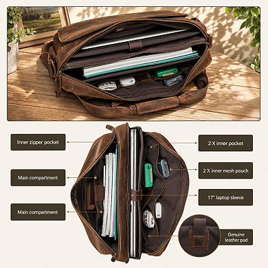 Full Grain Cowhide Leather Laptop Briefcase Crossbody Messenger Business Bag