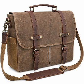 Vintage Waxed Canvas Leather Laptop Messenger Bag Briefcase