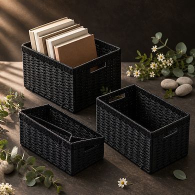 Woven Paper Rope Storage Baskets Foldable With Handles For Organizing Shelves Home Storage