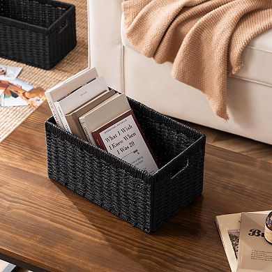 Woven Paper Rope Storage Baskets Foldable Handles Sturdy Multi Purpose Organizer