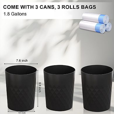 3 Pack Round Plastic Trash Can With Included Bags For Bedroom Office Bathroom Dorm