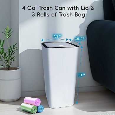 4 Gallon Press Top Slim Trash Can 3 Pack With Lid For Bathroom Office Dorm