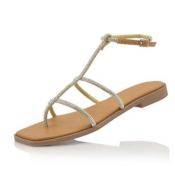 AD-Sealion Rhinestone T Strap Ankle Strap Flat Sandals for Women