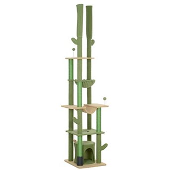 PawHut 89inch-100inch Floor to Ceiling Cat Tree w/ Grooming Brush Post