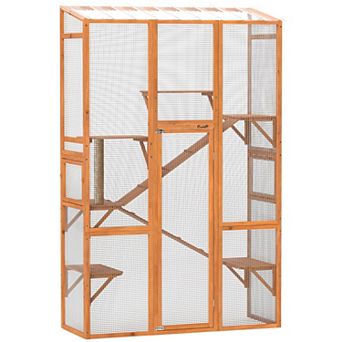 PawHut Outdoor Catio Cat Enclosure, Large Wooden Cat House with 6 Jumping Platforms