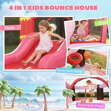 Qaba Inflatable Bounce House for Kids with Basketball Hoop, Blower