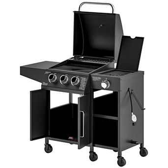 Outsunny 3 Burner Gas Grill with Side Burner and Shelves, Propane BBQ Grill