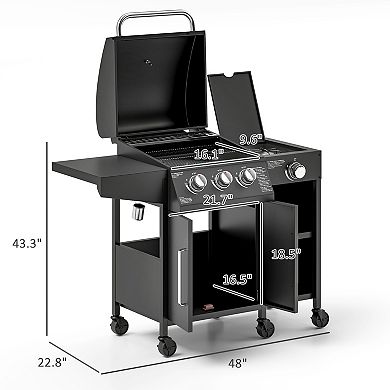 Outsunny 3 Burner Gas Grill with Side Burner and Shelves, Propane BBQ Grill