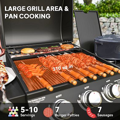 Outsunny 3 Burner Gas Grill with Side Burner and Shelves, Propane BBQ Grill