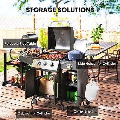 Outsunny 3 Burner Gas Grill with Side Burner and Shelves, Propane BBQ Grill