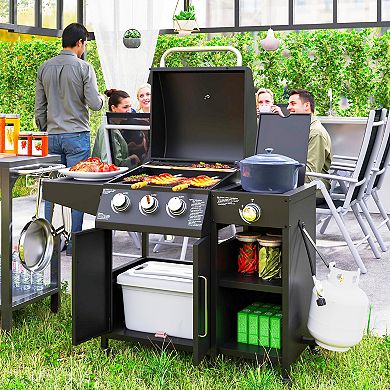 Outsunny 3 Burner Gas Grill with Side Burner and Shelves, Propane BBQ Grill