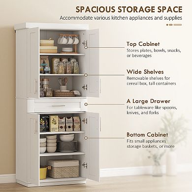 HOMCOM Kitchen Pantry with Doors and Drawer, Adjustable Shelves