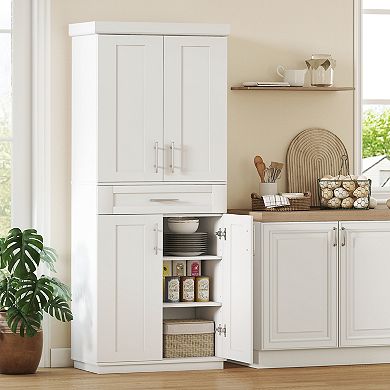 HOMCOM Kitchen Pantry with Doors and Drawer, Adjustable Shelves