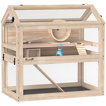 Wooden Hamster Cage, 3 tier Small Animal Cage with Hut, Seesaw, Ramps