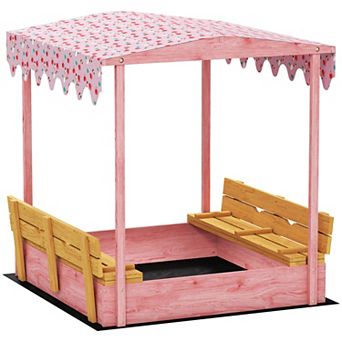 Qaba Wooden Sandbox with Cover, Seat and Canopy, Flamingos Print