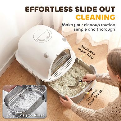 PawHut Stainless Steel Cat Litter Box 3 in 1 Large