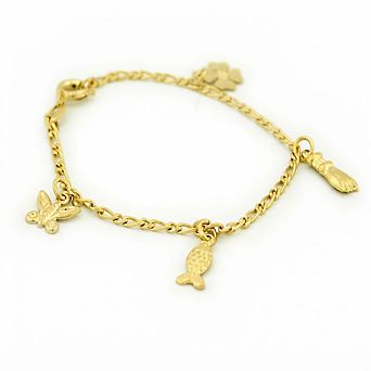 14k Brazilian Gold Filled Figaro Butterfly Fish Flower Fist Charm Bracelet 5''