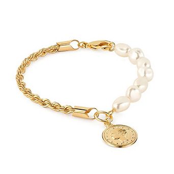 RMZ GOLD NYC 18K Gold Rope & Pearl Bracelet with Coin Charm - 8 in