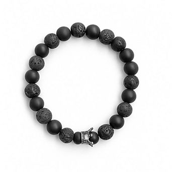 Black Lava Stone Beaded Bracelet Matte Onyx with Crown Charm