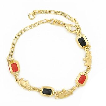 RMZ Gold Nyc 14k Gold Filled Link Azabache Red And Black Elephant Figaro Bracelet 7.5"