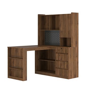 KWPZQEB L-Shaped Desk with Charger & LED Light, Corner Gaming Desk with Drawers & Bookshelf