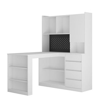 KWPZQEB L-Shaped Desk with Charger & LED Light, Corner Gaming Desk with Drawers & Bookshelf