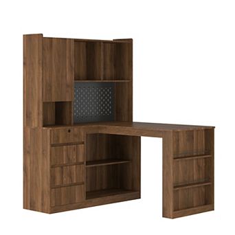 KWPZQEB Modern Corner Desk with Drawers & Bookshelf, L-Shaped Desk with LED Light for Home Office