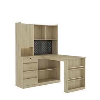KWPZQEB Modern Corner Desk with Drawers & Bookshelf, L-Shaped Desk with LED Light for Home Office