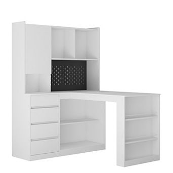 KWPZQEB Modern Corner Desk with Drawers & Bookshelf, L-Shaped Desk with LED Light for Home Office