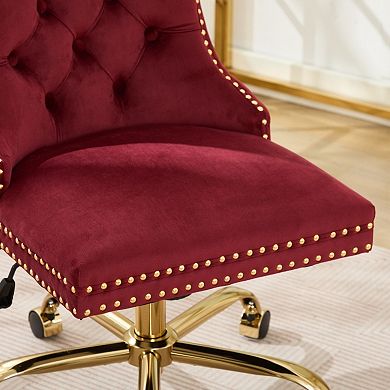 Velvet Office Chair, Tufted Button, Golden Electroplated Base, Swivel Adjustable,High Rebound Sponge