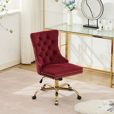 Velvet Office Chair, Tufted Button, Golden Electroplated Base, Swivel Adjustable,High Rebound Sponge