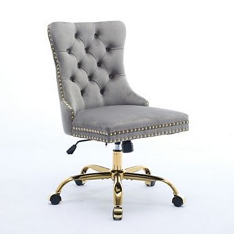 Velvet Office Chair, Tufted Button, Golden Electroplated Base, Swivel Adjustable,High Rebound Sponge