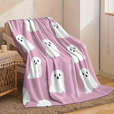Flannel Blanket, Pink Ghost Face Cute Spooky Room Decor
