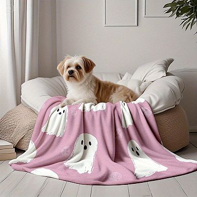 Flannel Blanket, Pink Ghost Face Cute Spooky Room Decor