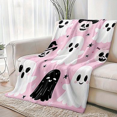 Flannel Blanket, Pink Ghost Skull Star Cute Spooky Decor