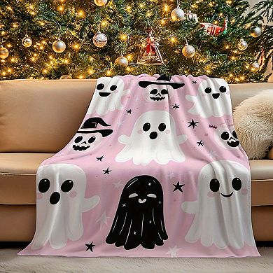 Flannel Blanket, Pink Ghost Skull Star Cute Spooky Decor