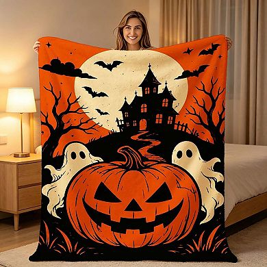 Flannel Blanket, Pumpkin Ghost Haunted Castle Halloween Decor