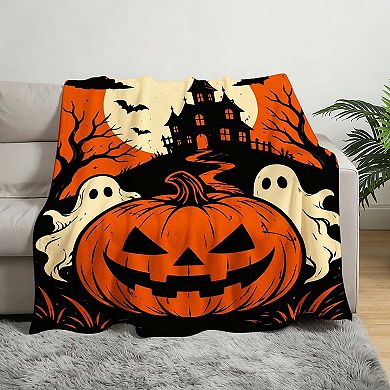 Flannel Blanket, Pumpkin Ghost Haunted Castle Halloween Decor