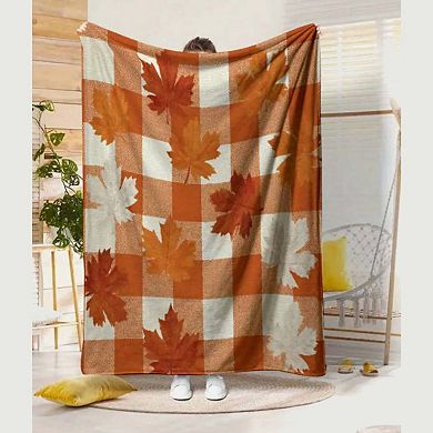 Flannel Blanket, Orange Plaid Maple Leaf Autumn Sofa Decor