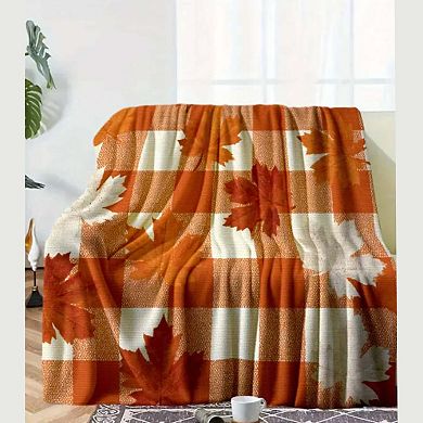 Flannel Blanket, Orange Plaid Maple Leaf Autumn Sofa Decor