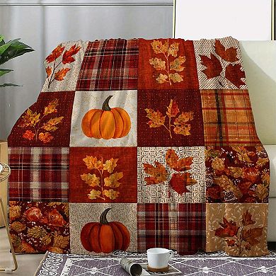 Flannel Blanket, Vintage Pumpkin Leaf Plaid Patchwork Autumn Decor