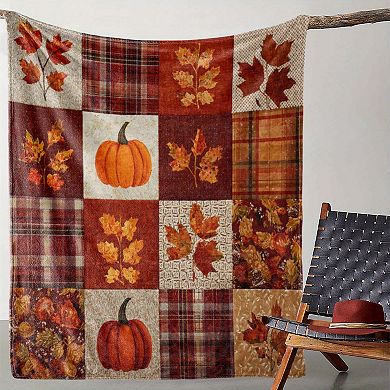 Flannel Blanket, Vintage Pumpkin Leaf Plaid Patchwork Autumn Decor