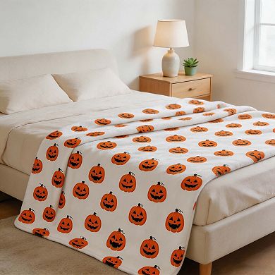 Flannel Blanket, White Background Pumpkin Face Print Halloween Sofa Decor