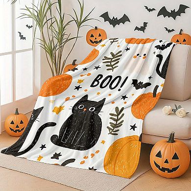 Flannel Blanket, Black Cat Ghost Pumpkin Boo Halloween Decor