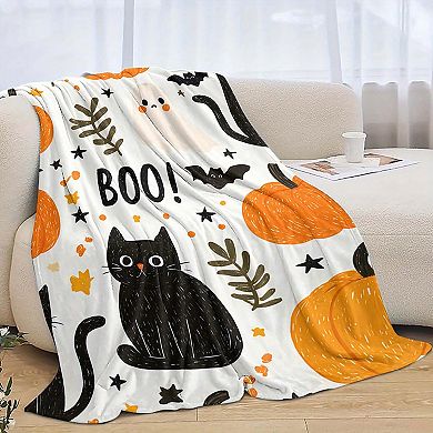 Flannel Blanket, Black Cat Ghost Pumpkin Boo Halloween Decor