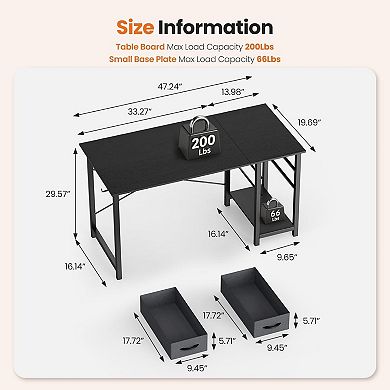 YIORTWO Computer Desk with Adjustable Fabric Drawers Storage Shelf and Side Hooks