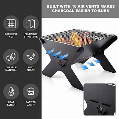 Portable Folding Charcoal Grill 13 x 10.5 Inch Firepit with Carry Case for Outdoor Cooking